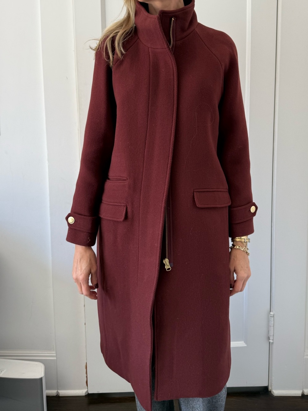 J. Crew Long Burgundy Trench Coat with Stand Collar - Picture 2 of 6